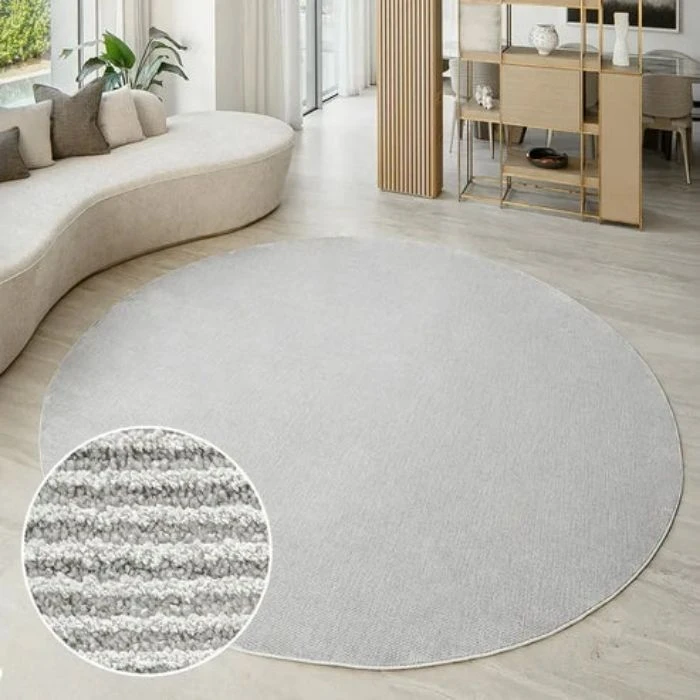 Grey Striped Round Carpet