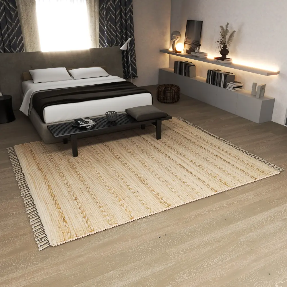 Jute rug in bedroom space